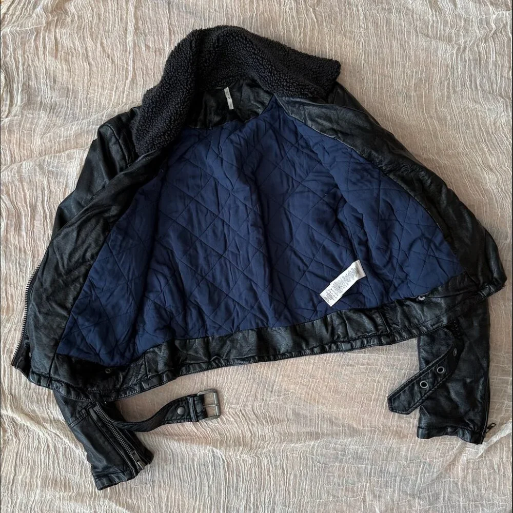 Free People Lined Moto Leather Jacket with Detachable Sherpa Collar - Picture 4 of 10
